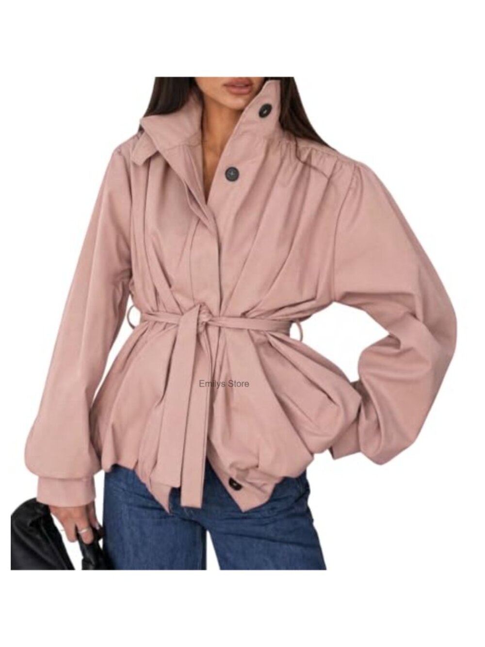Womens Lightweight Casual Jacket Button Down Puff Sleeve Belted Trench